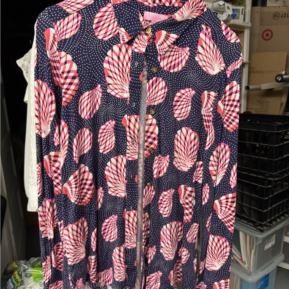 Lilly Pulitzer Navy and Pink Seashell Button-Up